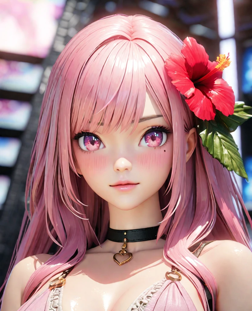 masterpiece,highest quality, Very detailed, High resolution, expensive resolution, High resolution, 4K, 8k, unity 8k wallpaper, Very detailed CG, masterpiece, 2D, 3D, Beautiful details, depth, Fine texture , highest quality: 1.3, Fully focused, Crispy.skin, .he,
Very cute anime girl 、bikini、Large Breasts、Pink medium-long hair wearing expensive , Two Girls、Holding a gun, Mole under the eye, looking at the viewer , expensive , blush, Mole, Lips parted, Hibiscus Hair Accessories, heart, Pink Eyes, choker