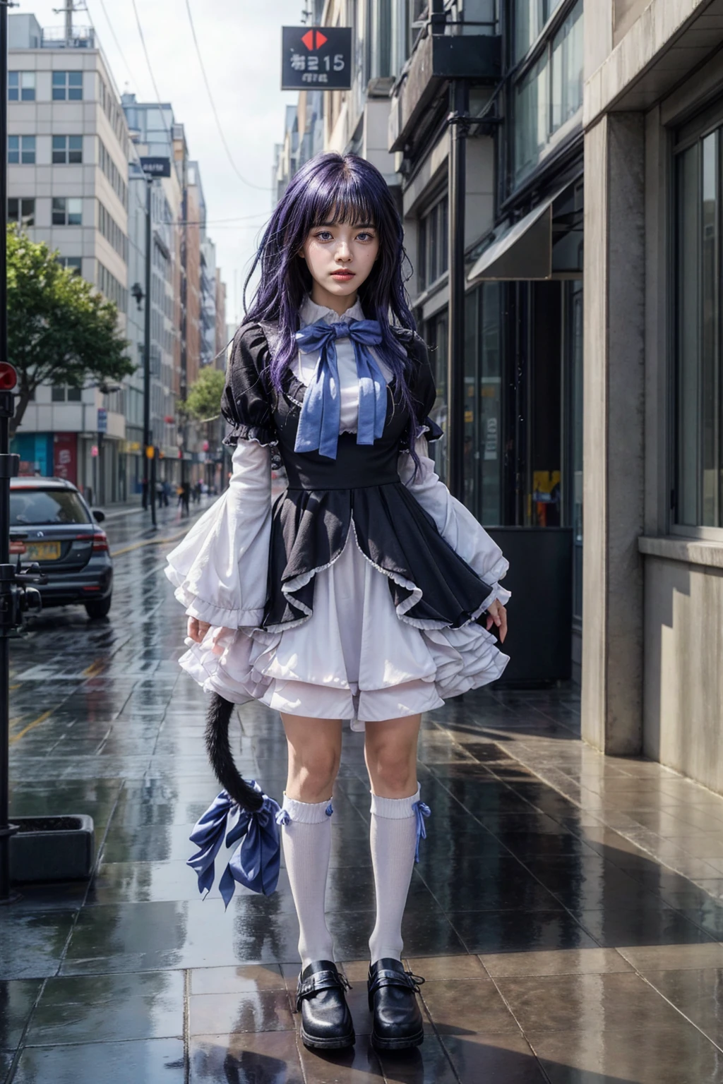 (masterpiece),best quality, frederica bernkastel,dress,  tail bow, cat tail, bowtie, purple eyes, purple hair,mary janes,  socks,  blank eyes, empty eyes,  (raining day:1.2), cloud, street, sidewalk, wet clothes, photorealistic, ((16k photography)), detailed face, ((Best Quality, Masterpiece: 1.3)), Sharp Focus: 1.2, A Beautiful Woman with Perfect Figure: 1.4, Slim Abs: 1.2, (Layered Hairstyle,: 1.2)), Rain: 1.3, Street: 1.2, Wet Body: 1.1, Highly Detailed Face and Skin Texture, Detailed Eyes, Double Eyelids, Big Breasts, Smile, irene1, CGI photography hyper realistic