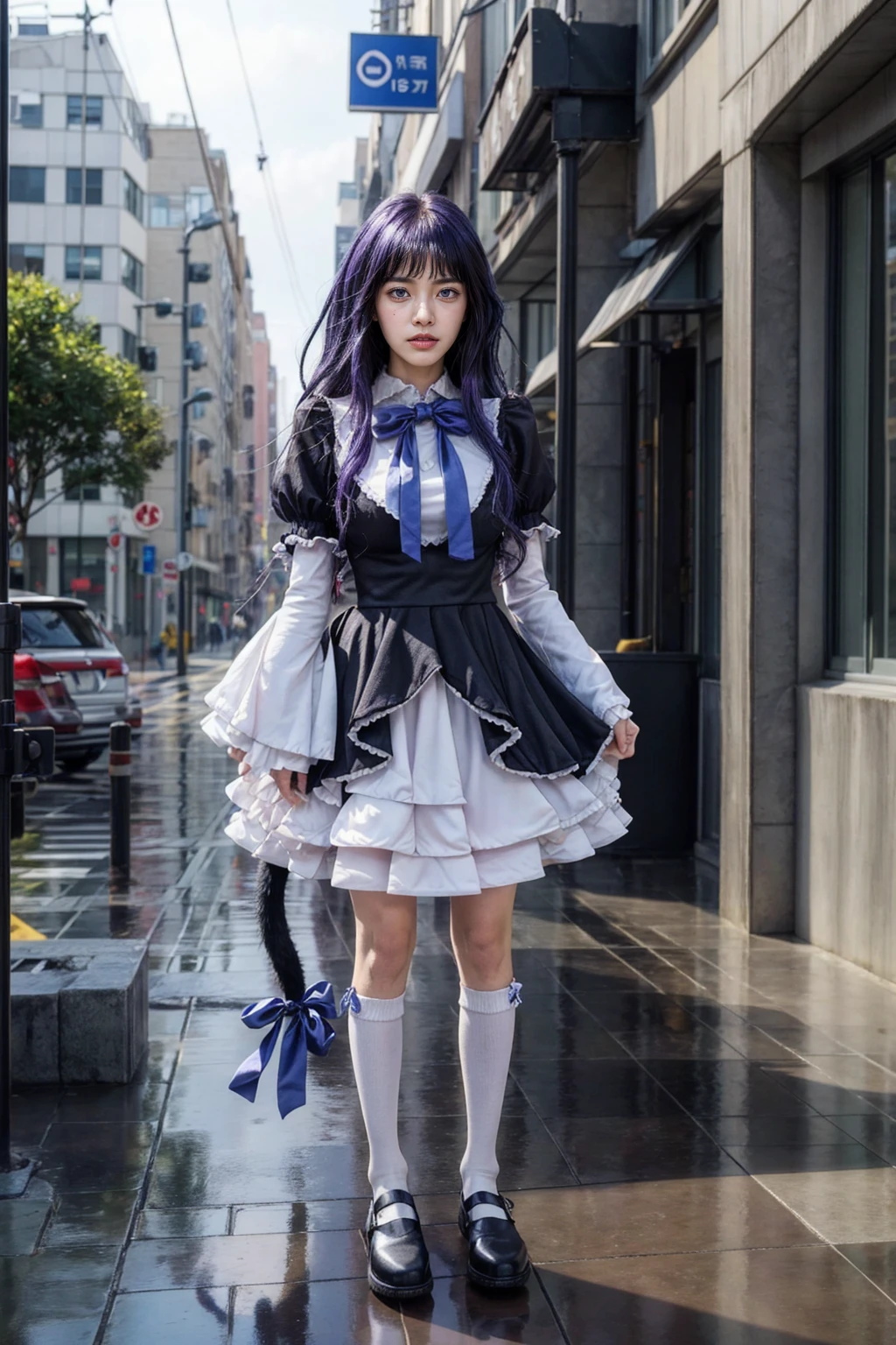 (masterpiece),best quality, frederica bernkastel,dress, tail bow, cat tail, bowtie, purple eyes, purple hair,mary janes, socks, blank eyes, empty eyes, (raining day:1.2), cloud, street, sidewalk, wet clothes, photorealistic, ((16k photography)), detailed face, ((Best Quality, Masterpiece: 1.3)), Sharp Focus: 1.2, A Beautiful Woman with Perfect Figure: 1.4, Slim Abs: 1.2, (Layered Hairstyle,: 1.2)), Rain: 1.3, Street: 1.2, Wet Body: 1.1, Highly Detailed Face and Skin Texture, Detailed Eyes, Double Eyelids, Big Breasts, Smile, irene1, CGI photography hyper realistic