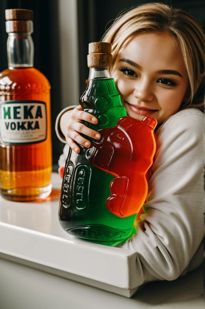 Gummy bear hugging a bottle of vodka