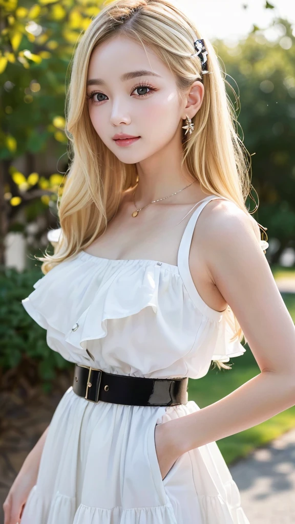 (((Blonde、forehead、White background、シンプルな無地のWhite background、Frills、race、Black clothes、belt)))、Highest quality, White skin, Real human skin, (Detailed face), Oval Face, pores, Ultra-high resolution, (8K, RAW Photos, Realistic:1.4), One girl, slim, (She looks straight at the viewer with a calm, goddess-like happiness.:1.2), (Lifter Gloss, eyelash, Shiny surface, Highest quality, Ultra-high resolution, Wide lighting, Natural Shading), Teacher Fashion, No sleeve, dress, Put your arms behind your back:1.3, Bokeh, Depth of written boundary, Cowboy Shot:1.3,