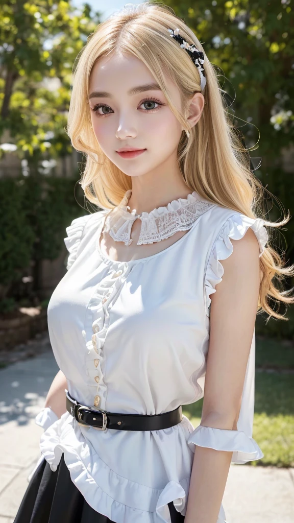 ((Highest quality)), ((masterpiece)), (detailed), (french braid), (Blonde), (Beautiful well-groomed girl:1.3), (ribbon:1.22), (pointy breasts), white dress, (snowy white skin), (Blushed:1.3), upper body, from side, (put index finger on mouth:1.1), Shy laugh, Half-open mouth, Shiny skin、Thin eyebrows、tears:1.1, girl,独奏,highly detailed beautiful face and eyes
