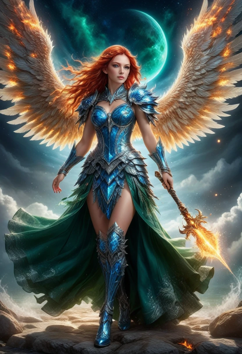 16k, ultra detailed, masterpiece, best quality, (extremely detailed), arafed, dnd art, panoramic view, full body, aasimar, female, (Masterpieceת intense details:1.3), female, sorceress, casting flaming spell(Masterpieceת intense details:1.3) large feathered wings,(white: 1.3) angelic wings spread (Masterpieceת intense details:1.3), fantasy magical heaven background (Masterpieceת intense details:1.3), moon, stars, clouds, wearing (azure: 1.3) armor (Masterpieceת intense details:1.3), high heeled boots (Masterpieceת intense details:1.3), armed with staff, (red hair: 1.4), (green eyes: 1.4), intense eyes, ultra feminine, ultra detailed face, (Masterpieceת intense details:1.5), (anatomically correct: 1.5), determined face, divine light, cinematic lighting, soft light, silhouette, photorealism, panoramic view ((Masterpieceת intense details:1.3) , Wide-Angle, Ultra-Wide Angle, 16k, highres, best quality, faize, 2.5D rendering, evening dress