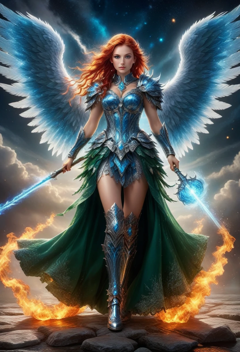 16k, ultra detailed, masterpiece, best quality, (extremely detailed), arafed, dnd art, panoramic view, full body, aasimar, female, (Masterpieceת intense details:1.3), female, sorceress, casting flaming spell(Masterpieceת intense details:1.3) large feathered wings,(white: 1.3) angelic wings spread (Masterpieceת intense details:1.3), fantasy magical heaven background (Masterpieceת intense details:1.3), moon, stars, clouds, wearing (azure: 1.3) armor (Masterpieceת intense details:1.3), high heeled boots (Masterpieceת intense details:1.3), armed with staff, (red hair: 1.4), (green eyes: 1.4), intense eyes, ultra feminine, ultra detailed face, (Masterpieceת intense details:1.5), (anatomically correct: 1.5), determined face, divine light, cinematic lighting, soft light, silhouette, photorealism, panoramic view ((Masterpieceת intense details:1.3) , Wide-Angle, Ultra-Wide Angle, 16k, highres, best quality, faize, 2.5D rendering, evening dress