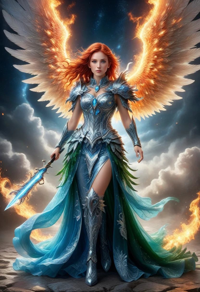 16k, ultra detailed, masterpiece, best quality, (extremely detailed), arafed, dnd art, panoramic view, full body, aasimar, female, (Masterpieceת intense details:1.3), female, sorceress, casting flaming spell(Masterpieceת intense details:1.3) large feathered wings,(white: 1.3) angelic wings spread (Masterpieceת intense details:1.3), fantasy magical heaven background (Masterpieceת intense details:1.3), moon, stars, clouds, wearing (azure: 1.3) armor (Masterpieceת intense details:1.3), high heeled boots (Masterpieceת intense details:1.3), armed with staff, (red hair: 1.4), (green eyes: 1.4), intense eyes, ultra feminine, ultra detailed face, (Masterpieceת intense details:1.5), (anatomically correct: 1.5), determined face, divine light, cinematic lighting, soft light, silhouette, photorealism, panoramic view ((Masterpieceת intense details:1.3) , Wide-Angle, Ultra-Wide Angle, 16k, highres, best quality, faize, 2.5D rendering, evening dress