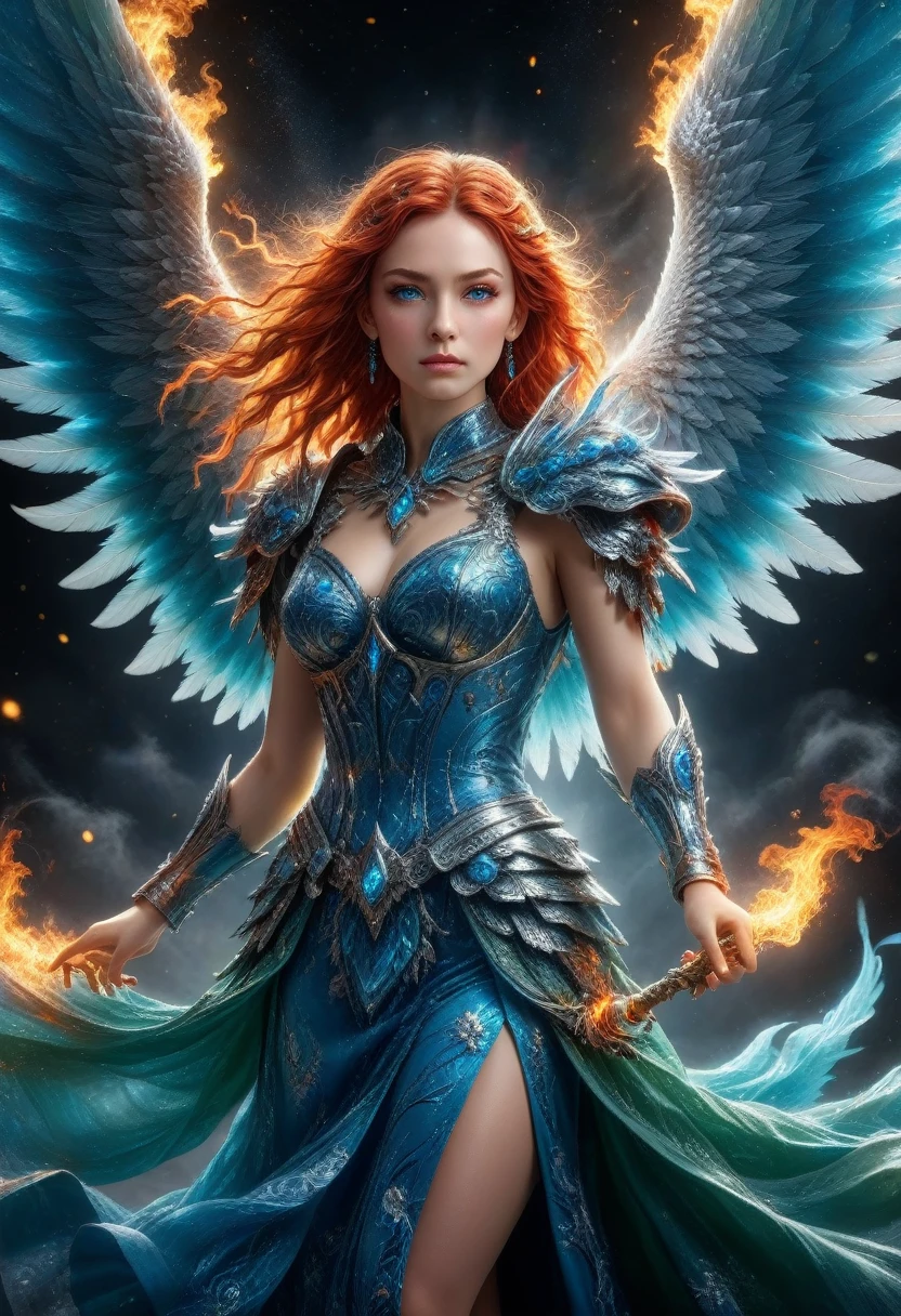 16k, ultra detailed, masterpiece, best quality, (extremely detailed), arafed, dnd art, panoramic view, full body, aasimar, female, (Masterpieceת intense details:1.3), female, sorceress, casting flaming spell(Masterpieceת intense details:1.3) large feathered wings,(white: 1.3) angelic wings spread (Masterpieceת intense details:1.3), fantasy magical heaven background (Masterpieceת intense details:1.3), moon, stars, clouds, wearing (azure: 1.3) armor (Masterpieceת intense details:1.3), high heeled boots (Masterpieceת intense details:1.3), armed with staff, (red hair: 1.4), (green eyes: 1.4), intense eyes, ultra feminine, ultra detailed face, (Masterpieceת intense details:1.5), (anatomically correct: 1.5), determined face, divine light, cinematic lighting, soft light, silhouette, photorealism, panoramic view ((Masterpieceת intense details:1.3) , Wide-Angle, Ultra-Wide Angle, 16k, highres, best quality, faize, 2.5D rendering, evening dress