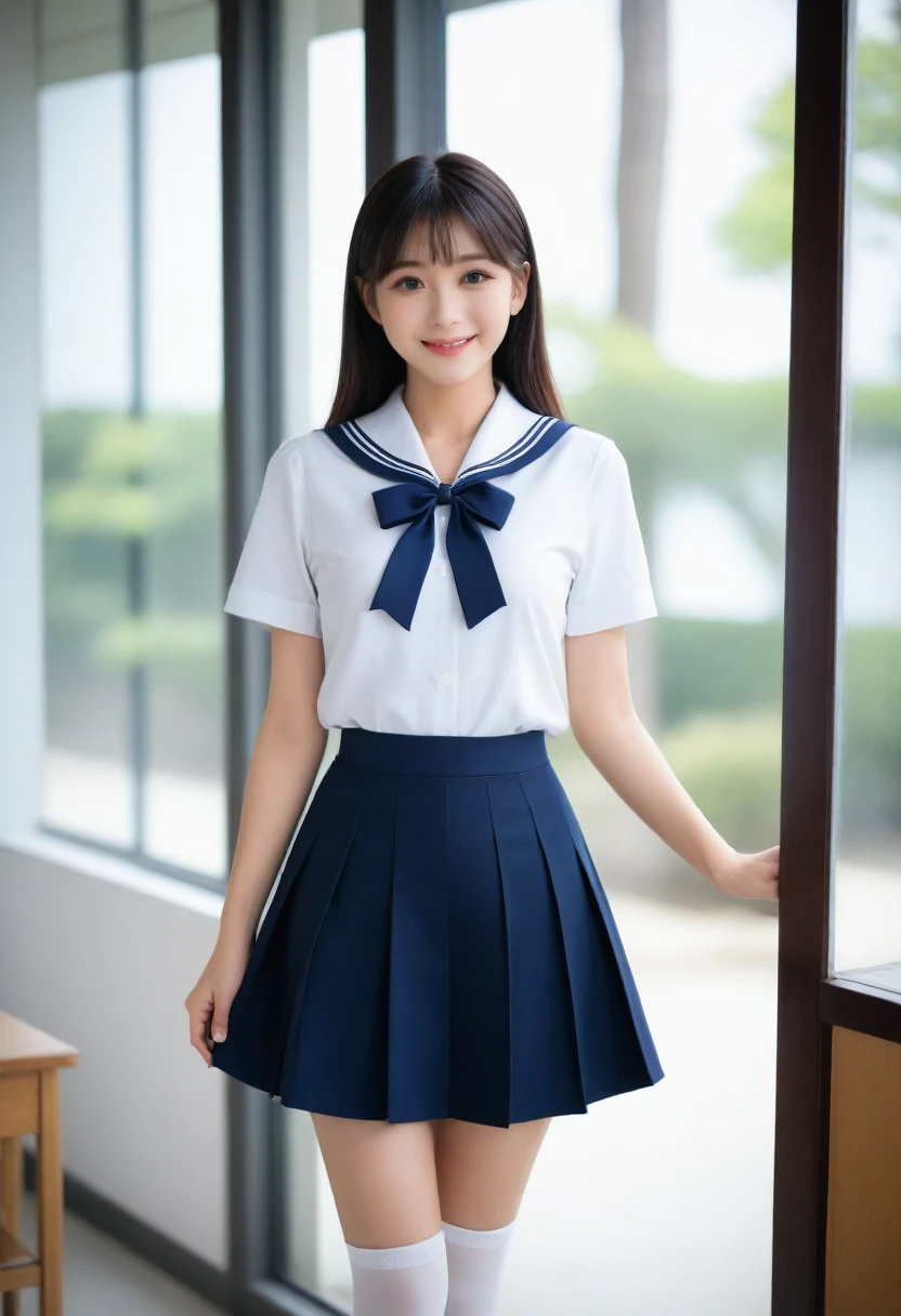 8K, Ultra-high resolution, Highest quality, masterpiece, 三分割法によるphotograph,Surreal, photograph, 1 girl, (:1.3), pretty girl, Cute face, Beautiful eyes in every detail, 細かくdetailedに,masterpiece,, One Girl:1.2, Japan Female Announcer,whole body、Black Hair、well-groomed eyebrows、Cute Lip Makeup、Calm atmosphere、A short-sleeved shiny dark sailor suit、White sailor collar、Navy blue pleated skirt、Red ribbon、White Stockings、Standing by the window of a classroom、Cute gestures、so beautiful,A carefree smile,Healing the heart,blunt bangs,Looking at the audience、beauty,Long neck、Laugh a little、Please close your mouth and laugh、(((Ideal body type))),A-cup small breasts :2,、Portraiture:2、Perfect Anatomy、鮮明なdetailed、detailed、Surreal、Light and shadow,Strong light