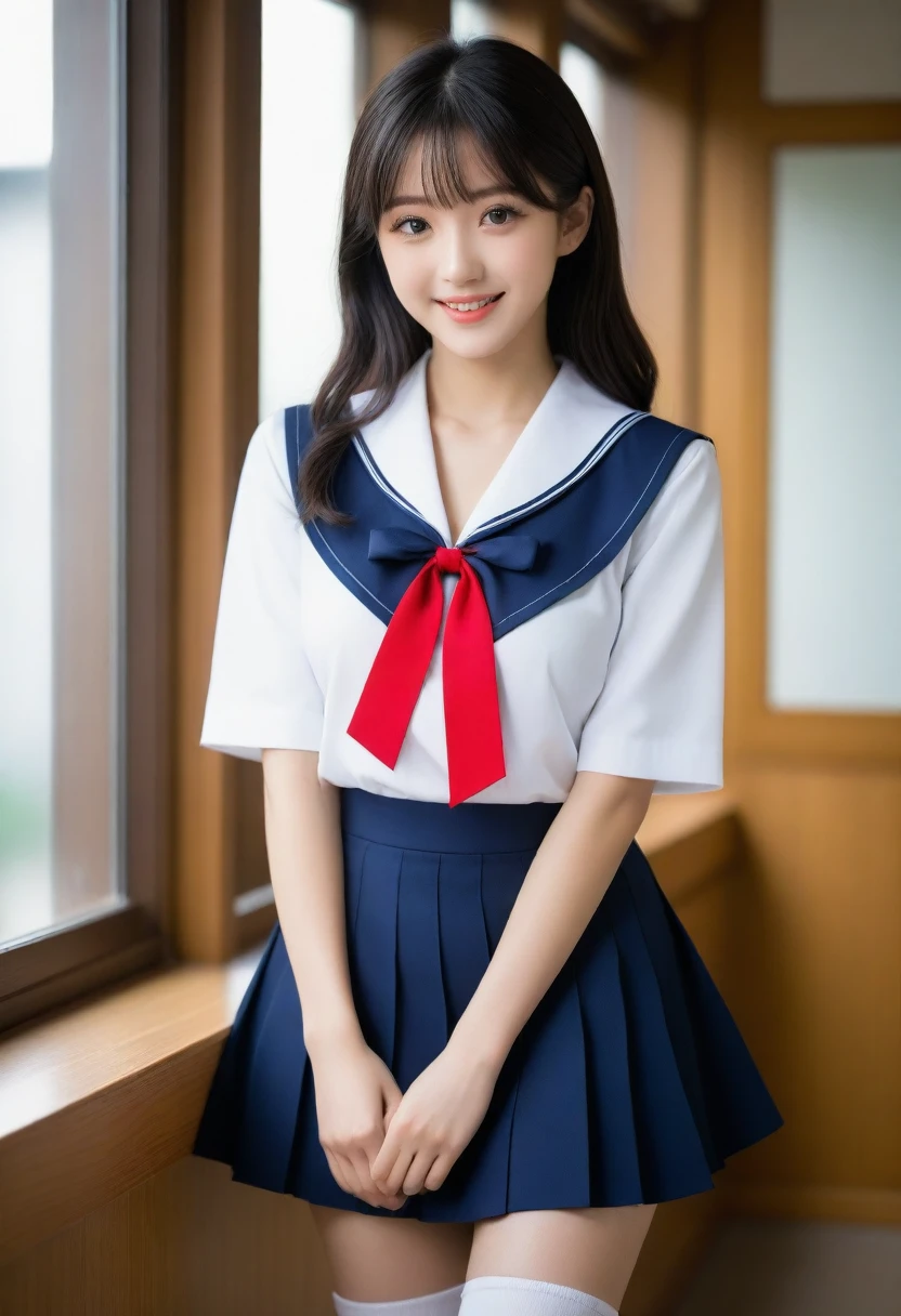 8K, Ultra-high resolution, Highest quality, masterpiece, 三分割法によるphotograph,Surreal, photograph, 1 girl, (:1.3), pretty girl, Cute face, Beautiful eyes in every detail, 細かくdetailedに,masterpiece,, One Girl:1.2, Japan Female Announcer,whole body、Black Hair、well-groomed eyebrows、Cute Lip Makeup、Calm atmosphere、A short-sleeved shiny dark sailor suit、White sailor collar、Navy blue pleated skirt、Red ribbon、White Stockings、Standing by the window of a classroom、Cute gestures、so beautiful,A carefree smile,Healing the heart,blunt bangs,Looking at the audience、beauty,Long neck、Laugh a little、Please close your mouth and laugh、(((Ideal body type))),A-cup small breasts :2,、Portraiture:2、Perfect Anatomy、鮮明なdetailed、detailed、Surreal、Light and shadow,Strong light
