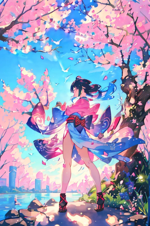 (luxury masterpiece), (highest quality), (dramatic) Colorful smoke, spring, cherry blossom petals, beautiful butterflies, a girl, ninja, wearing a beautiful kimono, comic style, anime style illustration, delicate details, cool, cute, blue sky colored hair, beautiful features , shiny hair, hair tied with a red ribbon, shuriken, front view, combat stance, throwing shuriken, watercolor painting, colorful, glitter, rays of light, brush art, blue eyes, watercolor background Clouds, standing on the tree, overlooking the city, water dragon flying, scattered with bright colors