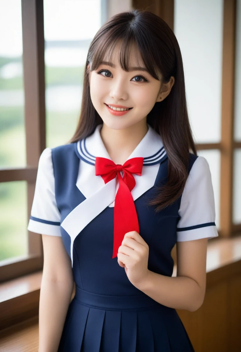 8K, Ultra-high resolution, Highest quality, masterpiece, 三分割法によるphotograph,Surreal, photograph, 1 girl, (:1.3), pretty girl, Cute face, Beautiful eyes in every detail, 細かくdetailedに,masterpiece,, One Girl:1.2, Japan Female Announcer,whole body、Black Hair、well-groomed eyebrows、Cute Lip Makeup、Calm atmosphere、A short-sleeved shiny dark sailor suit、White sailor collar、Navy blue pleated skirt、Red ribbon、White Stockings、Standing by the window of a classroom、Cute gestures、so beautiful,A carefree smile,Healing the heart,blunt bangs,Looking at the audience、beauty,Long neck、Laugh a little、Please close your mouth and laugh、(((Ideal body type))),A-cup small breasts :2,、Portraiture:2、Perfect Anatomy、鮮明なdetailed、detailed、Surreal、Light and shadow,Strong light