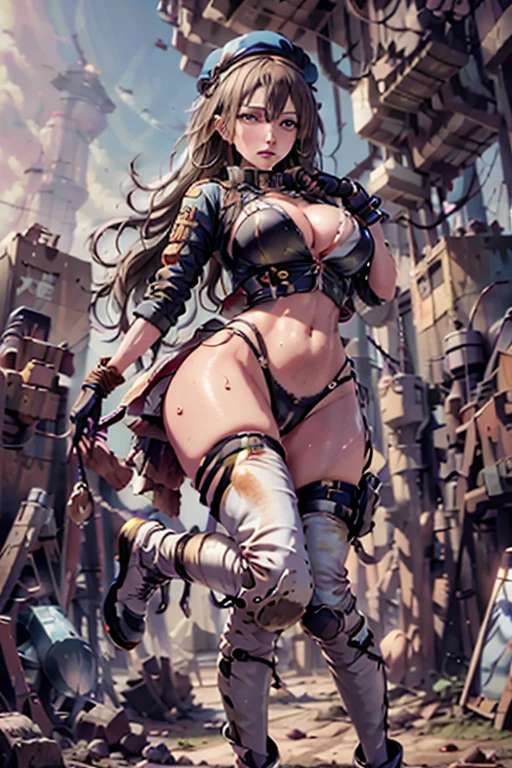 ubel,dark green hair,long hair,side ponytail,hair between eyes,bangs, BREAK (beret, black jacket, open clothes, cleavage, midriff, black shorts, black thighhighs, thigh strap, fingerless gloves, single glove:1.2), Photo,sharpness, F1.6 lens,hyper-realistic textures,spectacular light textures, Cinestil 800 Fashion Mechanics,(((Beautiful woman with left leg restrained and hung by chains))),Appearance,Beautiful girl with accentuated slender abs: 1.1,six-pack abs: 1.1, Bust Botox,Standing on tiptoe, long legs,Long brown hair fluttering in the wind,Brown hair, Long hair, Female Warrior Costume,(No panties,No bra),(tacticul battle fashion,elbow and knee tacticul battle fashion, battle glove: 1.1),((cute batre costume)),The belly comes out and the navel is visible,Thin sheer costume, combat gloves,shredded costumes,cyber long combat boots with golden knee pads,Anatomical,(futuristic sci-fi battle fashion, new elbow and knee cyberpads, new cyberlong boots, new cybergloves: 1.1),(tied perfectly by iron chain), Restraint, Slave, collars, contempt, (Chained), 4 chains hung from heaven, Metallic shackles and fetters, wet crotch clearly visible,((Hands are restrained above the head)), the neck is chained,Chain from left knee to heaven,Chained by rusty iron chains,((the tip is protruding, areolas protruding,The shape of the pubic area is clearly visible:1.2)),Sweating,Wet,Wet crotch,Wet thighs,Junkyard, Realistic, (cute, perfect clothes, skimpy clothes, cute: 1.3) ,Vast miritary base in us,((wide mirtary hospital with summer sunlight)), peeling ceilings, Rebar between, Realistic material details, Extreme details, Ultra-realistic materials,narrow waist,(with sparkling eyes and a contagious smile:0.9),looking at viewer,