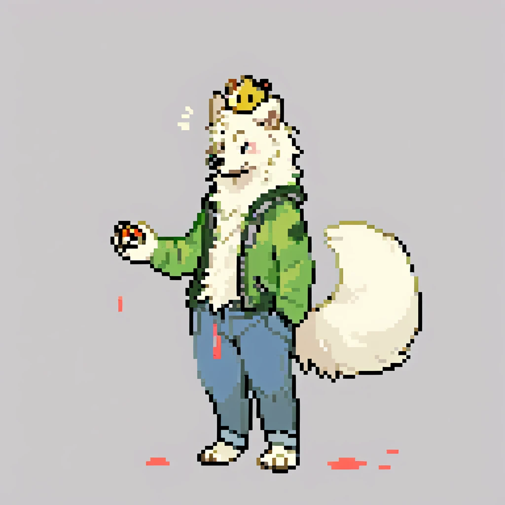 canid, canine, canis, mammal, mythological_canine, were, werecanid, werecanine, samoyed, dog, white_body, white_fur, black_nose, paint_splotches, messy_paint, messy_clothes, slightly_oversized_crown, wearing_crown, green_jacket, blue_jeans, painting_pokéball, holding_pokéball, standing_straight, male, fingers, fluffy, fluffy_tail, fur, thin_anthro, full_body, solo, digital_media_(artwork), hi_res, masterpiece,