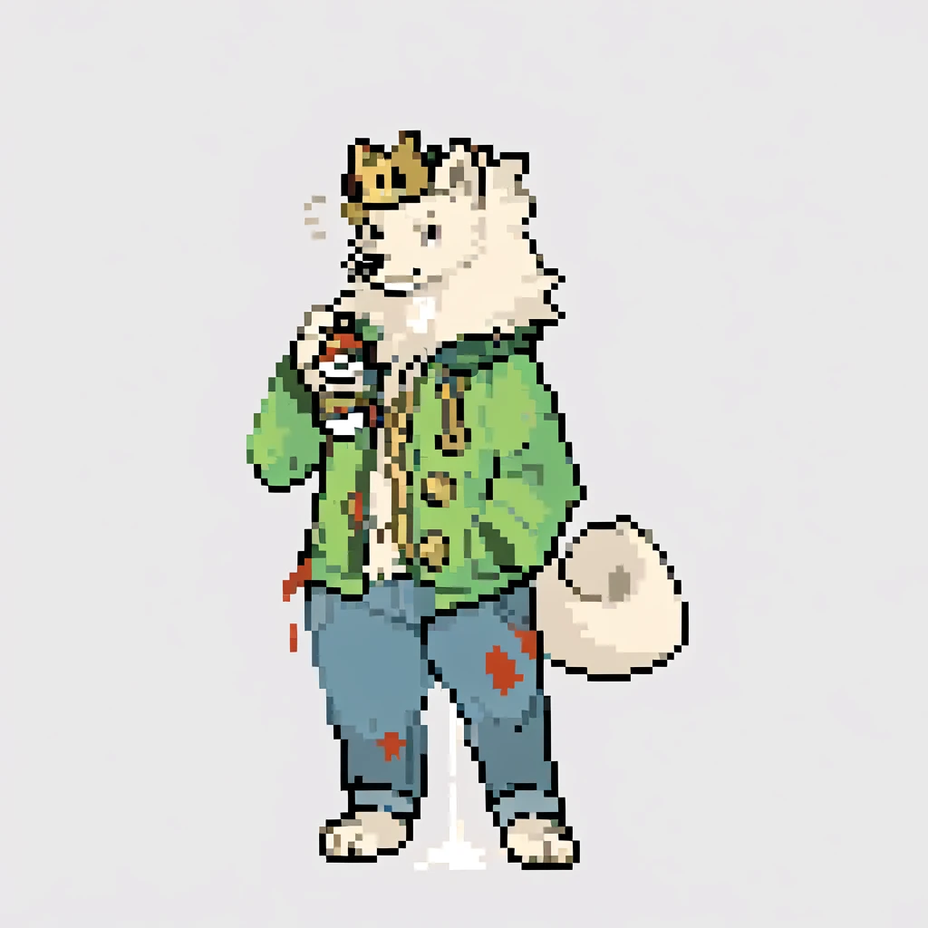 canid, canine, canis, mammal, mythological_canine, were, werecanid, werecanine, samoyed, dog, white_body, white_fur, black_nose, paint_splotches, messy_paint, messy_clothes, slightly_oversized_crown, wearing_crown, green_jacket, blue_jeans, painting_pokéball, holding_pokéball, standing_straight, male, fingers, fluffy, fluffy_tail, fur, thin_anthro, full_body, solo, digital_media_(artwork), hi_res, masterpiece,