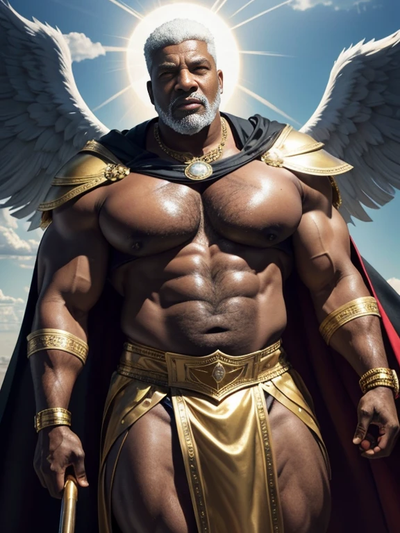 Hyperrealistic image of an old man over 79 years old African American superhero angel with two black wings spread out holy imperial martyr warrior with gray hair and a halo of light with rays on his head super heavy and very fat very handsome bodybuilder with huge flaccid pecs and very nipples big pointy very sweaty in a sky of very white clouds wearing only a leather and gold Roman skirt and a cape