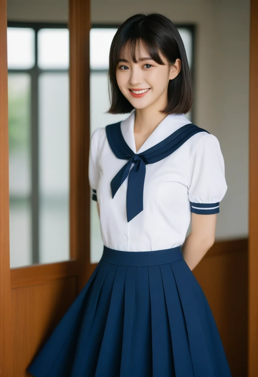 8K, Ultra-high resolution, Highest quality, masterpiece, 三分割法によるphotograph,Surreal, photograph, 1 girl, (16 years old:1.3), pretty girl, Cute face, Beautiful eyes in every detail, 細かくdetailedに,masterpiece,, One Girl:1.2, Japan Female Announcer,whole body、Black Hair、well-groomed eyebrows、Cute Lip Makeup、Calm atmosphere、A short-sleeved shiny dark sailor suit、White sailor collar、Navy blue pleated skirt、Red ribbon、White Stockings、Standing by the window of a classroom、Cute gestures、so beautiful,A carefree smile,Healing the heart,blunt bangs,Looking at the audience、beauty,Long neck、Laugh a little、Please close your mouth and laugh、(((Ideal body type))),A-cup small breasts :2,、Portraiture:2、Perfect Anatomy、鮮明なdetailed、detailed、Surreal、Light and shadow,Strong light