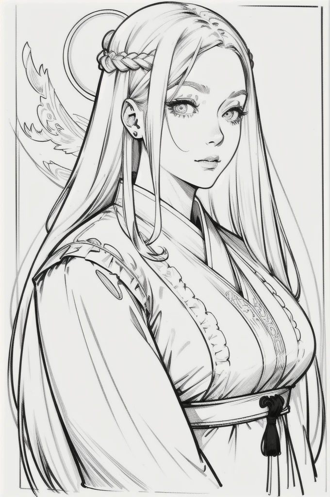 Drawing of a woman, realistic portrait asian girl, white hair and outfits, horror look. Best lineart, clean flat lineart, Black and white monochrome, thin pen lines. No colors or shading. Flat white background. Simple clothes, long straight hair
