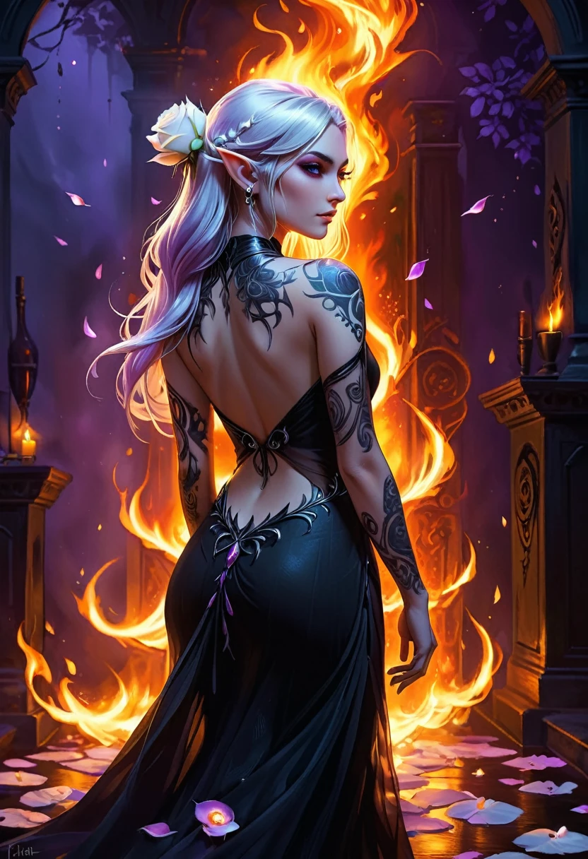 Arafed, Dark fantasy art, fantasy art, goth art, a picture of a tattoo on the back of a female elf, a glowing tattoo of a ((white rose: 1.3)) on the elf's back, the ((rose tattoo)) is vivid, intricate detailed coming to life from the ink to real life, GlowingRunesAI_purple, ((fire surrounds the rose petals: 1.5)), shoot taken from the back, ((the back is visible: 1.3), she wears a transparent black dress, the dress is elegant, flowing, elven style, that the tattoos glow, dynamic hair color, dynamic hair style, faize,, Digital Painting