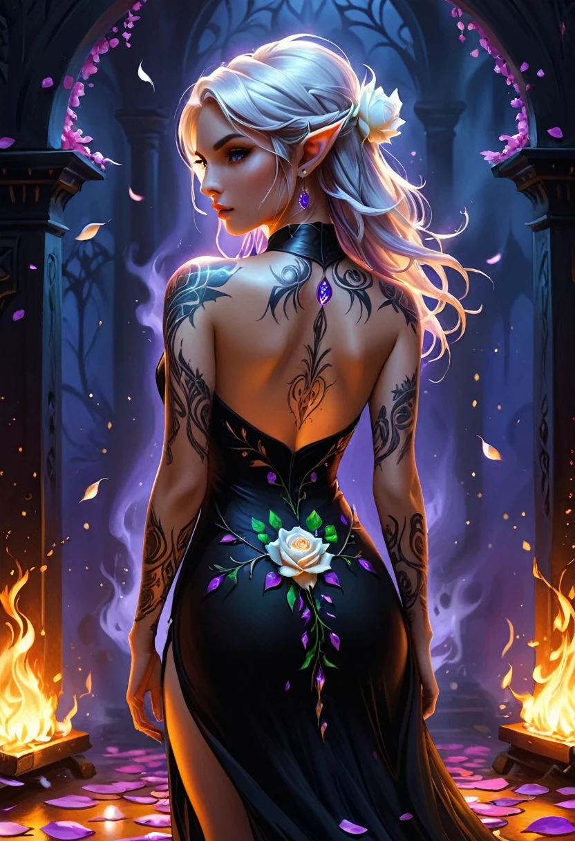 Arafed, Dark fantasy art, fantasy art, goth art, a picture of a tattoo on the back of a female elf, a glowing tattoo of a ((white rose: 1.3)) on the elf's back, the ((rose tattoo)) is vivid, intricate detailed coming to life from the ink to real life, GlowingRunesAI_purple, ((fire surrounds the rose petals: 1.5)), shoot taken from the back, ((the back is visible: 1.3), she wears a transparent black dress, the dress is elegant, flowing, elven style, that the tattoos glow, dynamic hair color, dynamic hair style, faize,, Digital Painting