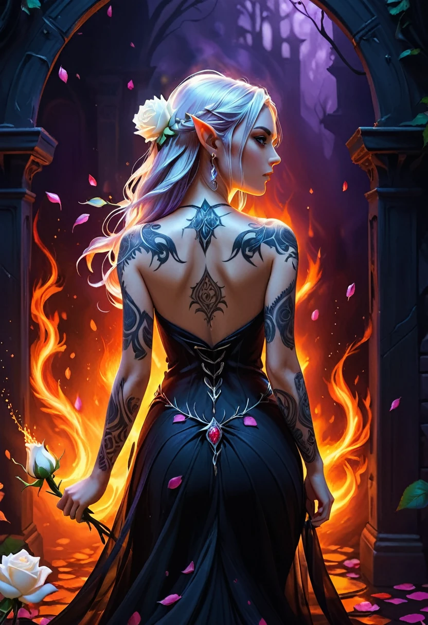 Arafed, Dark fantasy art, fantasy art, goth art, a picture of a tattoo on the back of a female elf, a glowing tattoo of a ((white rose: 1.3)) on the elf's back, the ((rose tattoo)) is vivid, intricate detailed coming to life from the ink to real life, GlowingRunesAI_purple, ((fire surrounds the rose petals: 1.5)), shoot taken from the back, ((the back is visible: 1.3), she wears a transparent black dress, the dress is elegant, flowing, elven style, that the tattoos glow, dynamic hair color, dynamic hair style, faize,, Digital Painting