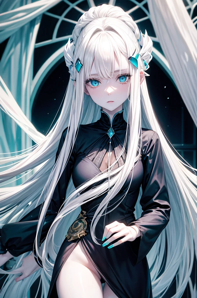 A pale-skinned woman, very long white hair, yeux de chat turquoise !!! armure en plaque noir sexy !!! {{{{head of&#39;artwork}}}}, {{{super detailed}}}, {{{high resolution}}}, {{good anatomy}}, (((best quality))), ((an extremely delicate and beautiful)), {{an extremely detailed and delicate}}, {Background&#39;8k cg screen}, {{illustration}}