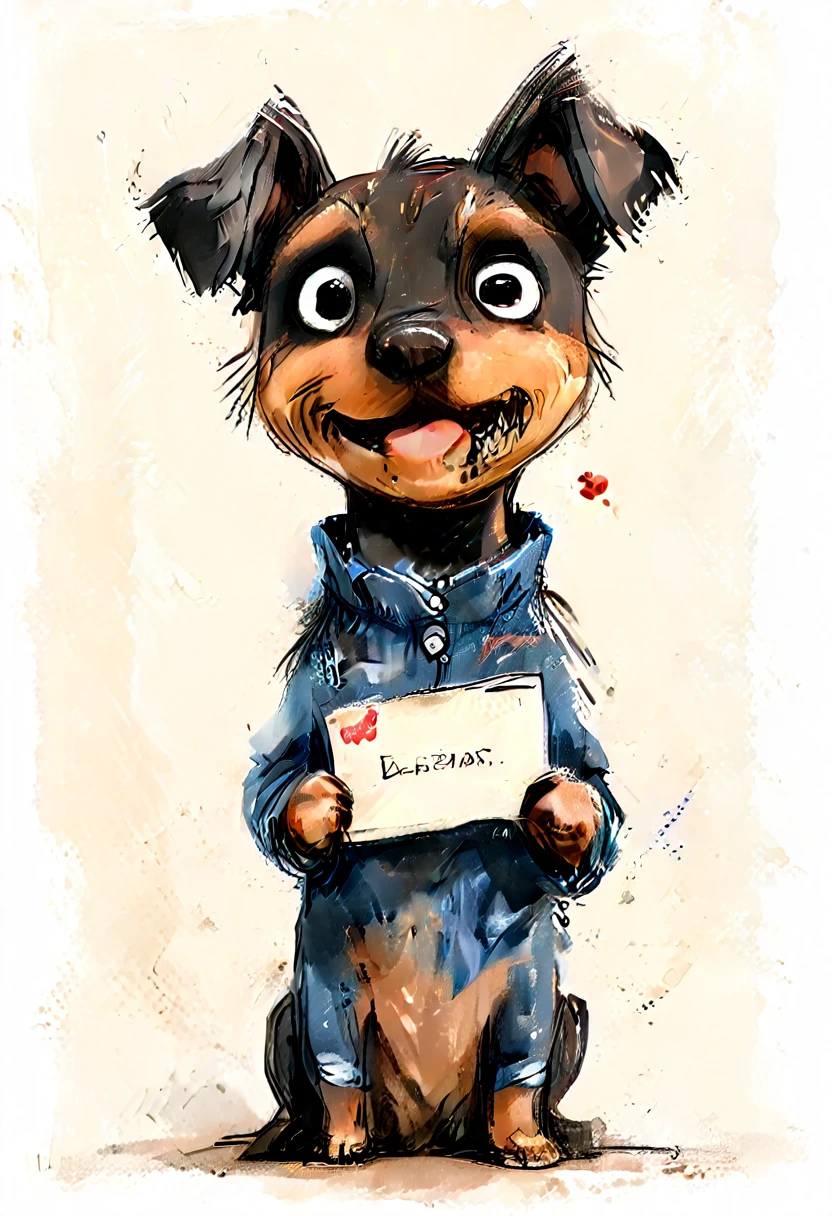 drawing of a pinscher puppy with very light brown fur, baby, he is carrying a letter in his mouth, White background, the puppy wears denim clothes and is happy and very cute