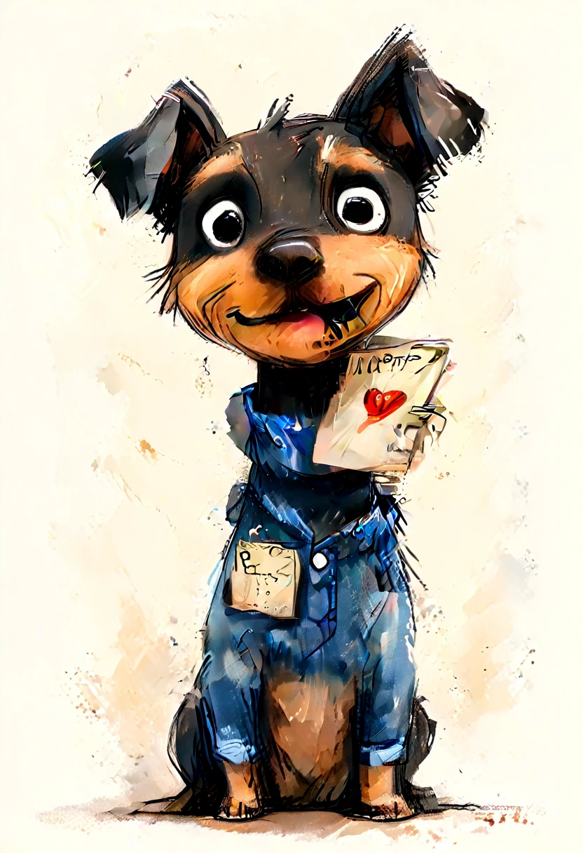 drawing of a pinscher puppy with very light brown fur, baby, he is carrying a letter in his mouth, White background, the puppy wears denim clothes and is happy and very cute