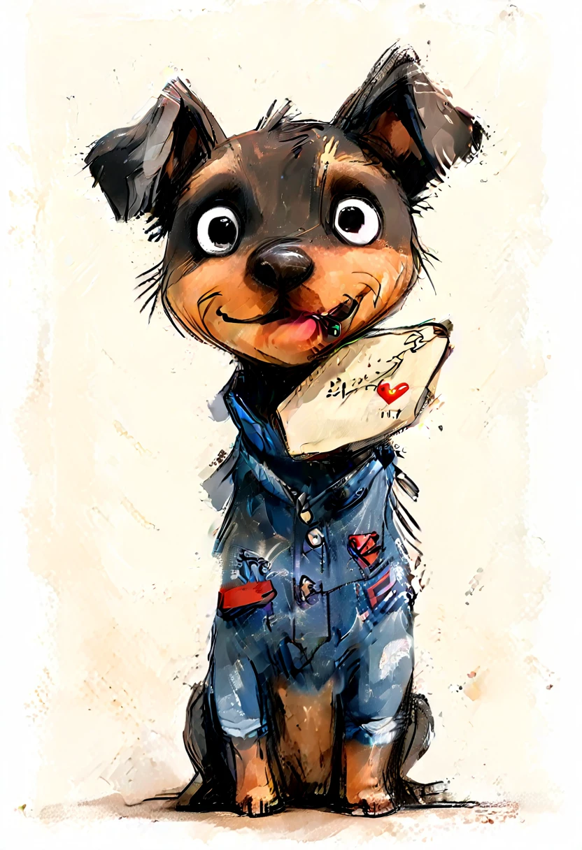 drawing of a pinscher puppy with very light brown fur, baby, he is carrying a letter in his mouth, White background, the puppy wears denim clothes and is happy and very cute