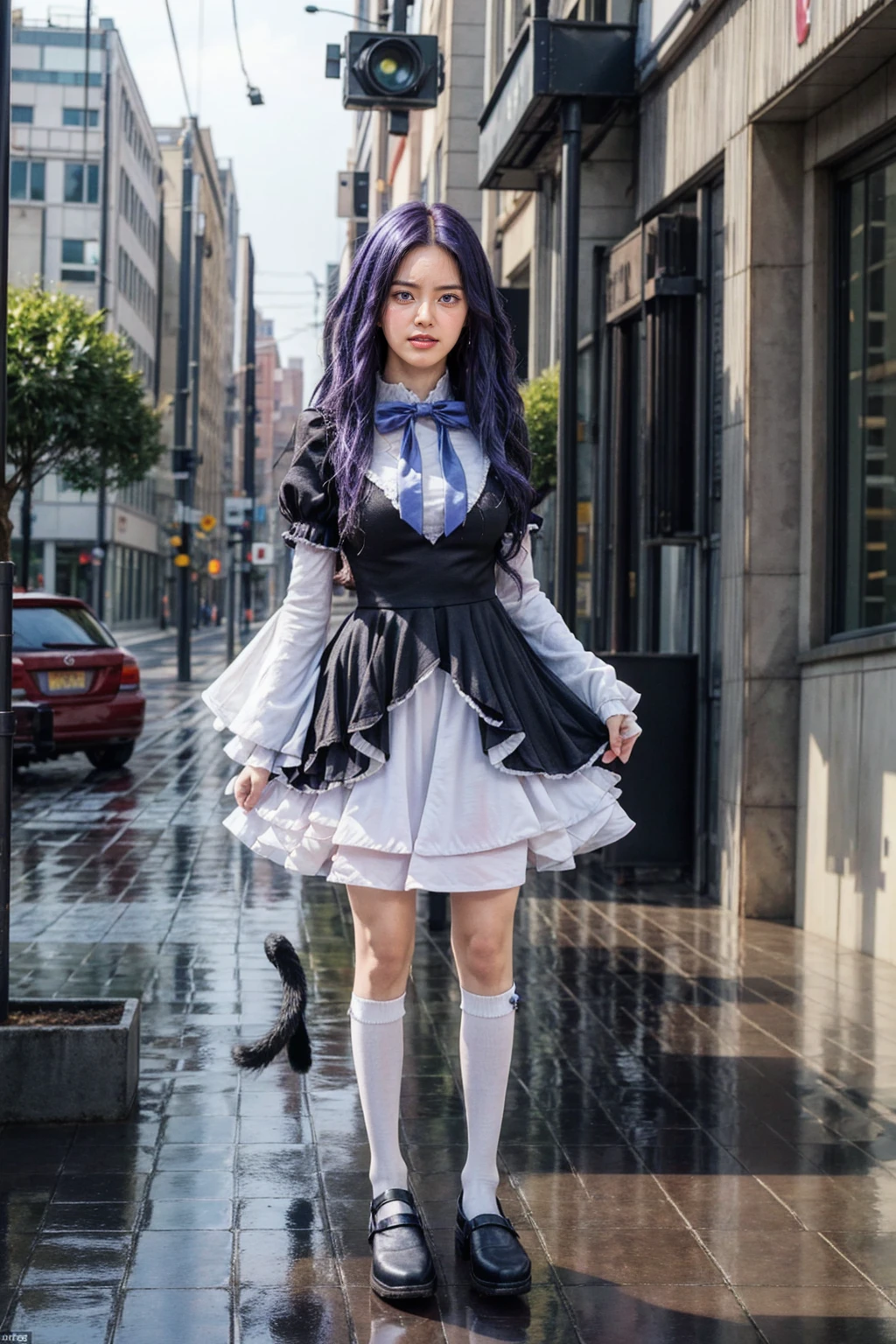 (masterpiece),best quality, frederica bernkastel,dress, tail bow, cat tail, bowtie, purple eyes, purple hair,mary janes, socks, blank eyes, empty eyes, (raining day:1.2), cloud, street, sidewalk, wet clothes, photorealistic, ((16k photography)), detailed face, ((Best Quality, Masterpiece: 1.3)), Sharp Focus: 1.2, A Beautiful Woman with Perfect Figure: 1.4, Slim Abs: 1.2, (Layered Hairstyle,: 1.2)), Rain: 1.3, Street: 1.2, Wet Body: 1.1, Highly Detailed Face and Skin Texture, Detailed Eyes, Double Eyelids, Big Breasts, Smile, irene1, CGI photography hyper realistic