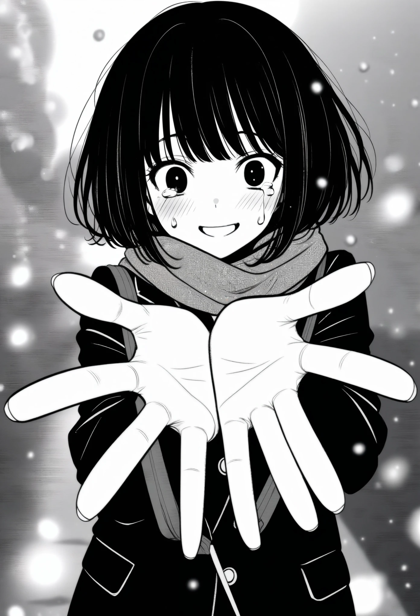 masterpiece, best quality, 1girl, mamerakkkkko, grayscale, manga style, japanese, chi no wadachi, black eyes, street, iced, black hair, schoolbag, smile, lineart, black coat, black scarf, black pleated skirt, leggins, centered, 18 years old, tall, fair skinned, bokeh background, crying, tears, tears streaming, bob cut, light particles, centered, snowing, (((reaching_towards_viewer)))
