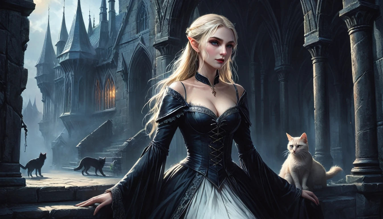 arafed a picture of elf vampire in her castle and her pet epic cat an exquisite beautiful female elf vampire (ultra details, Masterpiece, best quality), bloody mouth blond hair, pale skin, hair in a ponytail, long hair, blue eyes, cold eyes, smirking, wearing white dress (ultra details, Masterpiece, best quality), red cloak, in dark fantasy library, with an ((big cat: 1.3)) (ultra details, Masterpiece, best quality: 1.5) book shelves, arafed high details, best quality, 16k, [ultra detailed], masterpiece, best quality, (ultra detailed), full body, ultra wide shot, photorealism, RAW, dark fantasy art, gothic art, ArmoredDress, Dark Novel, Dark Art Painting Style, Bloodborne