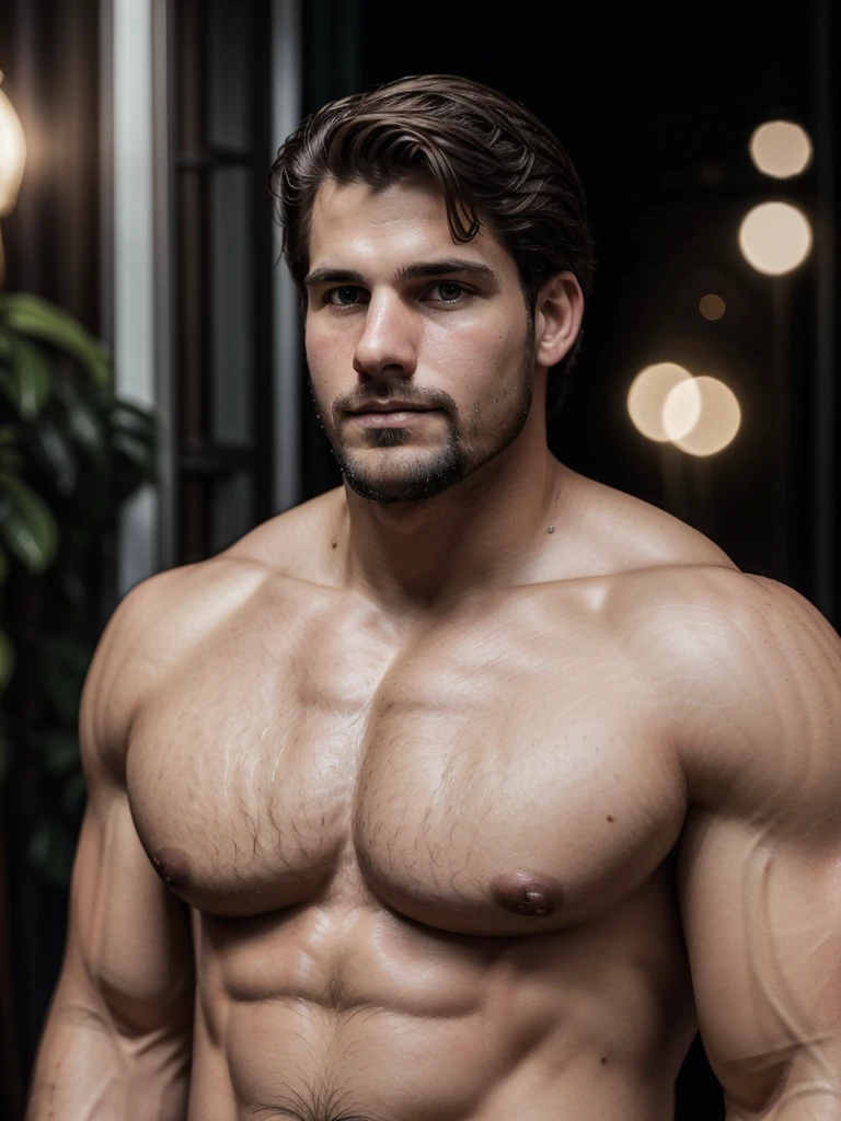 lustration in Leyendecker style: Squire Ivanhoe, 20 years old, muscular , Naked , hairy chest ,Big, thick. Realistic full-length film, studio lightning, detailed skin, ultra-realistic, bokeh, sharp features, Ultra-detailed., Trending on ArtStation, sharp-focus, studio photo, intricate details, Highly detailed, by Greg Rutkowsky