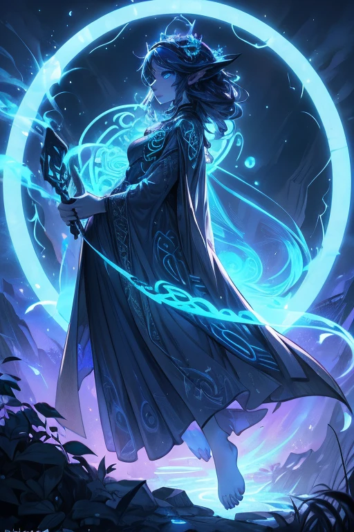Full body. Enchanted witch encountering an alien life form, Magic ghost flower from the abyss, Lit by bioluminescent plants, Very detailed, Glowing lawn, Art Nouveau influences, Amazing moon art. (Hair with luminescence), (detailed pearl blue eye), goddess soul, (Magic Swirl Style), looking at the viewer, detailed face, bare feet. Wide and deep scenery, several planes of depth, cinematic and dynamic scene, epic atmosphere. (Luminescent Lighting Magic Circle Theme), perched on a ledge, tight neon body, light stripes, dark abyssal wanderer, (Luminescent Neon Long Dress with Celtic Details), inscribed with mystical runes, dystopian outdoor background.