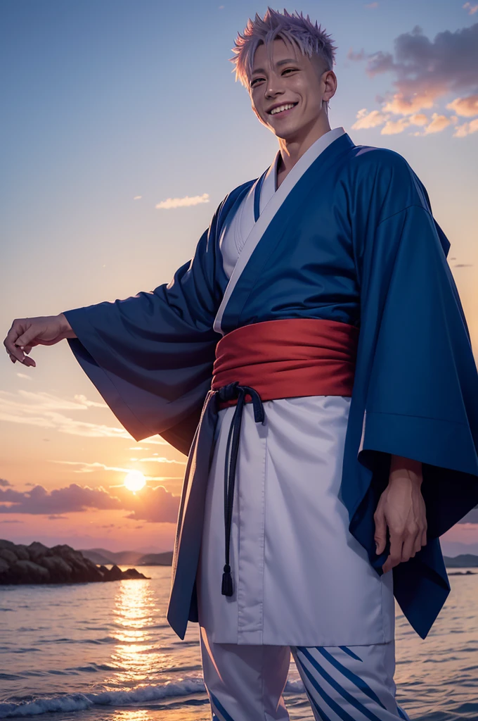 Ryomen Sukuna of Jujutsu kaisen, Wearing a blue kimono, smiling at sunset