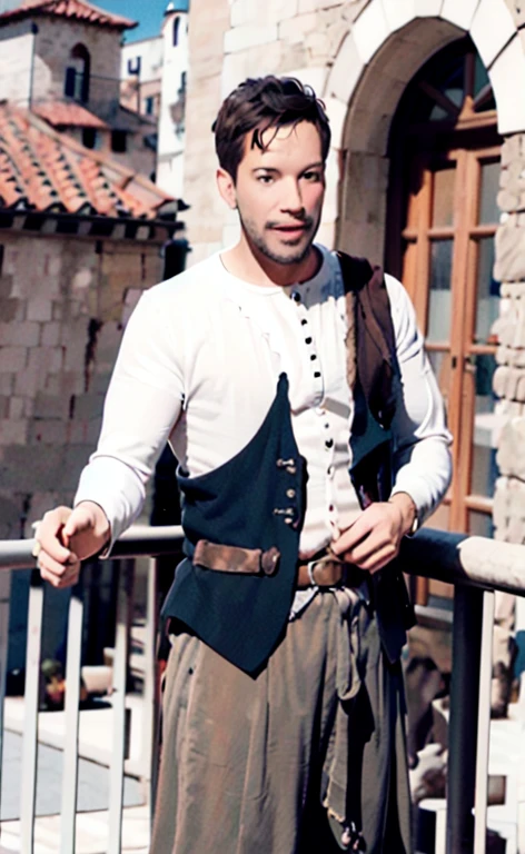 (Best Quality:1.2) a man dressed as robin hood standing on a balcony,