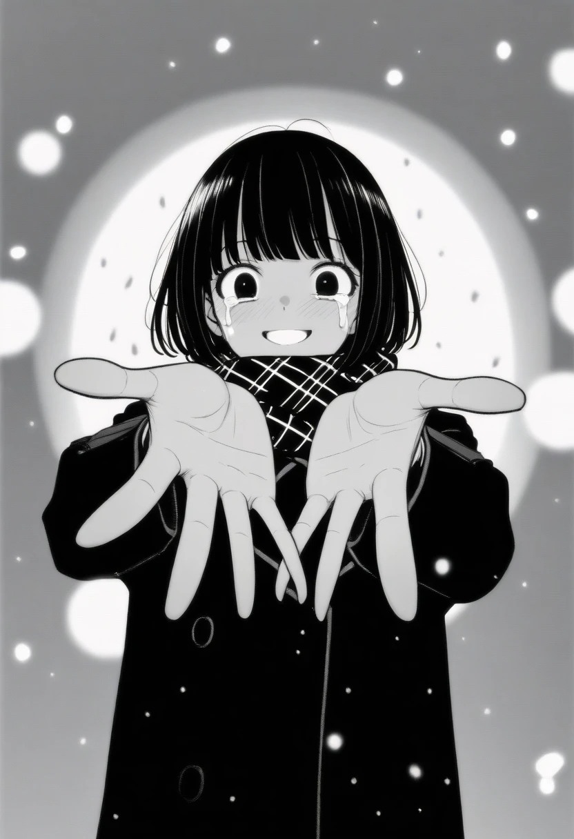 masterpiece, best quality, 1girl, mamerakkkkko, grayscale, manga style, japanese, chi no wadachi, black eyes, street, iced, black hair, schoolbag, smile, lineart, black coat, black scarf, black pleated skirt, leggins, centered, 18 years old, tall, fair skinned, bokeh background, crying, tears, tears streaming, bob cut, light particles, centered, snowing, (((reaching_towards_viewer, reaching out one hands towards the viewer)))
