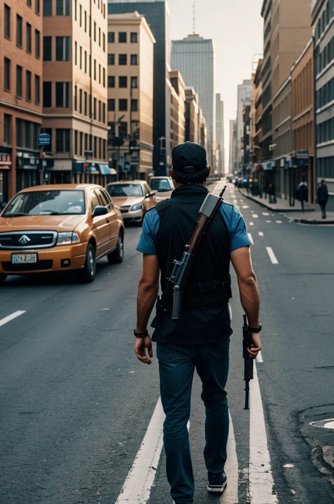 Person on a city street, walking, looking at the horizon with a shotgun on his shoulder