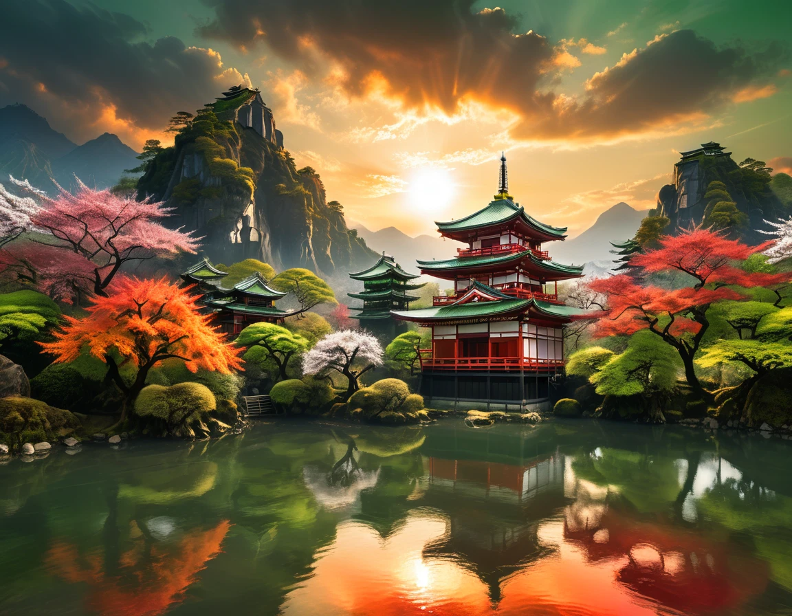 a National Geographic picture of dark Japanese medieval temple, as the sun (rises in the horizon: 1.1), it sits on the bank of a river near surrounded by cherry trees, almond trees, Japanese maple trees, (all trees in many colorful shades of green, red, pin, orange: 1.5) ((all scenery is reflected in the river: 1.5)), an epic ancient Japanese medieval temple, ancient and epic in its majestic antiquity, a sense of serenity, tranquility, divine rays, some clouds, sun rays, (highest quality:1.2, Very detailed, up to date, Vibrant, Ultra-high resolution, High Contrast, masterpiece:1.2, highest quality, Best aesthetics), best details, best quality, highres, ultra wide angle, 16k, [ultra detailed], masterpiece, best quality, (extremely detailed: 1.5), Cinematic Hollywood Film, RagingNebula