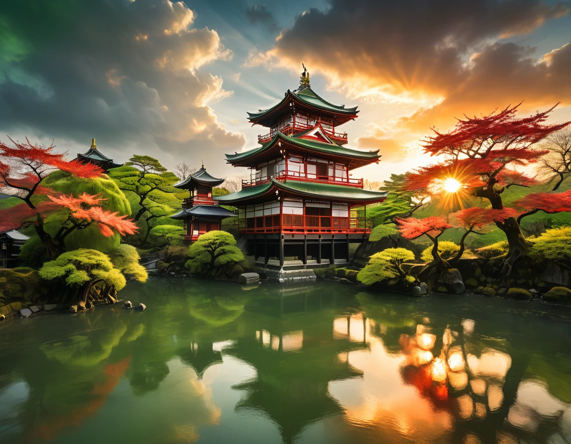 a National Geographic picture of dark Japanese medieval temple, as the sun (rises in the horizon: 1.1), it sits on the bank of a river near surrounded by cherry trees, almond trees, Japanese maple trees, (all trees in many colorful shades of green, red, pin, orange: 1.5) ((all scenery is reflected in the river: 1.5)), an epic ancient Japanese medieval temple, ancient and epic in its majestic antiquity, a sense of serenity, tranquility, divine rays, some clouds, sun rays, (highest quality:1.2, Very detailed, up to date, Vibrant, Ultra-high resolution, High Contrast, masterpiece:1.2, highest quality, Best aesthetics), best details, best quality, highres, ultra wide angle, 16k, [ultra detailed], masterpiece, best quality, (extremely detailed: 1.5), Cinematic Hollywood Film, RagingNebula