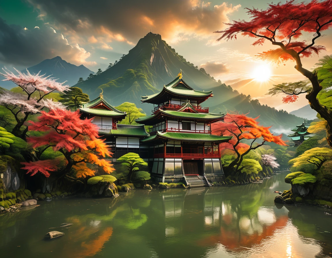 a National Geographic picture of dark Japanese medieval temple, as the sun (rises in the horizon: 1.1), it sits on the bank of a river near surrounded by cherry trees, almond trees, Japanese maple trees, (all trees in many colorful shades of green, red, pin, orange: 1.5) ((all scenery is reflected in the river: 1.5)), an epic ancient Japanese medieval temple, ancient and epic in its majestic antiquity, a sense of serenity, tranquility, divine rays, some clouds, sun rays, (highest quality:1.2, Very detailed, up to date, Vibrant, Ultra-high resolution, High Contrast, masterpiece:1.2, highest quality, Best aesthetics), best details, best quality, highres, ultra wide angle, 16k, [ultra detailed], masterpiece, best quality, (extremely detailed: 1.5), Cinematic Hollywood Film, RagingNebula