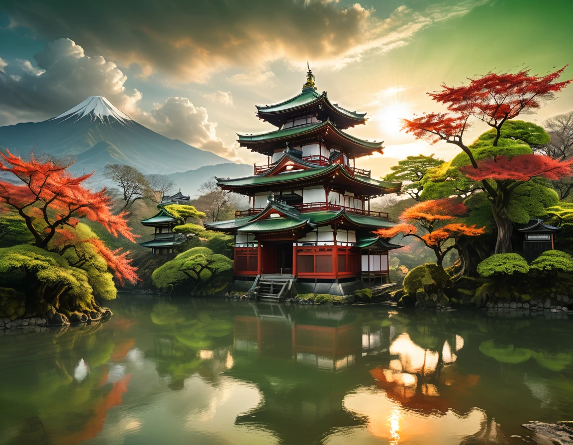 a National Geographic picture of dark Japanese medieval temple, as the sun (rises in the horizon: 1.1), it sits on the bank of a river near surrounded by cherry trees, almond trees, Japanese maple trees, (all trees in many colorful shades of green, red, pin, orange: 1.5) ((all scenery is reflected in the river: 1.5)), an epic ancient Japanese medieval temple, ancient and epic in its majestic antiquity, a sense of serenity, tranquility, divine rays, some clouds, sun rays, (highest quality:1.2, Very detailed, up to date, Vibrant, Ultra-high resolution, High Contrast, masterpiece:1.2, highest quality, Best aesthetics), best details, best quality, highres, ultra wide angle, 16k, [ultra detailed], masterpiece, best quality, (extremely detailed: 1.5), Cinematic Hollywood Film, RagingNebula