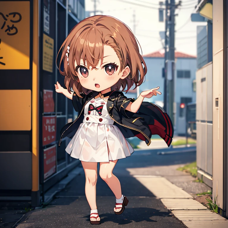 Misaka Mikoto, (chibi:1.5), full body, Big Eyes, dance, (masterpiece), highest quality