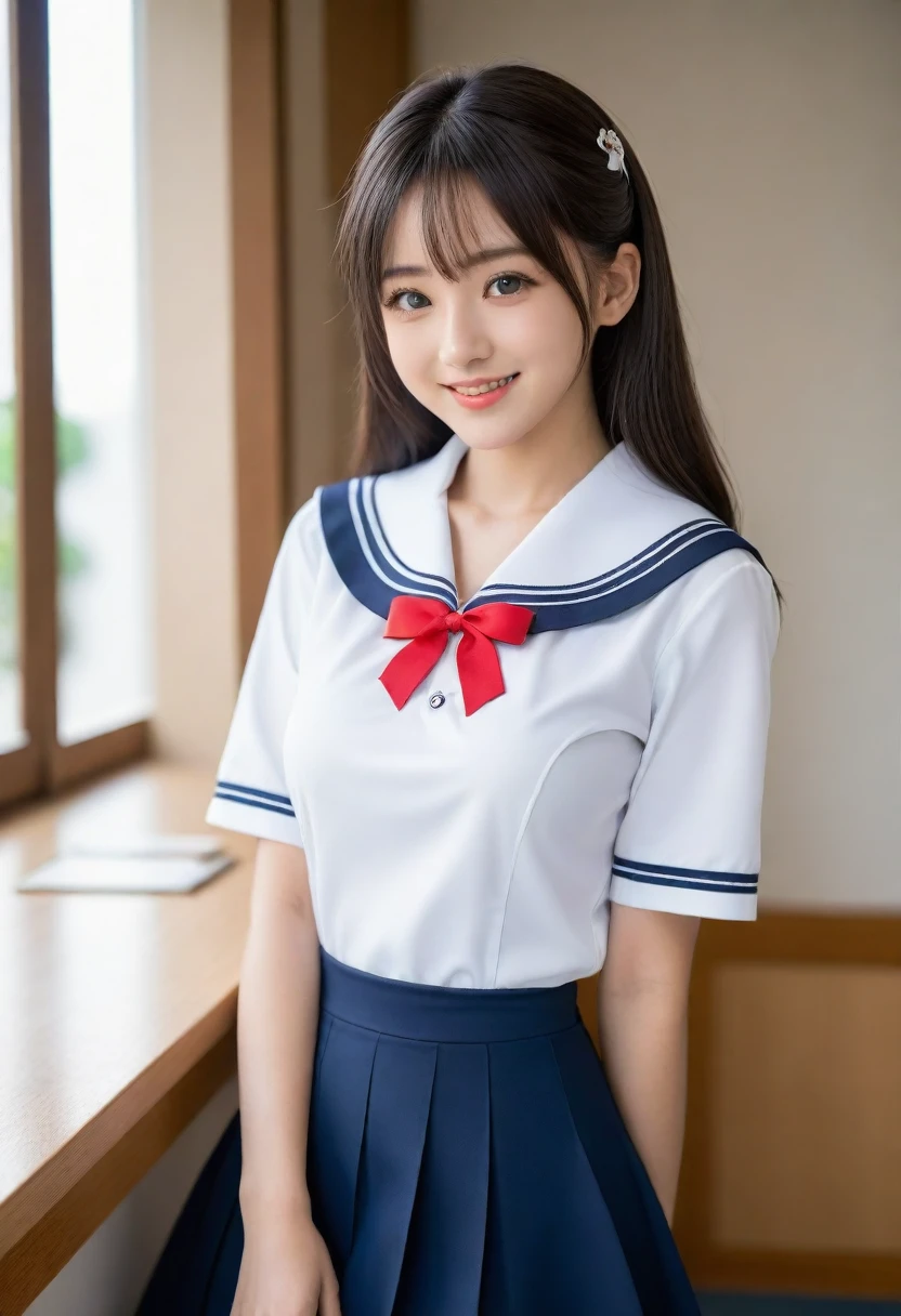8K, Ultra-high resolution, Highest quality, masterpiece, 三分割法によるphotograph,Surreal, photograph, 1 girl, (16 years old:1.3), pretty girl, Cute face, Beautiful eyes in every detail, 細かくdetailedに,masterpiece,, One Girl:1.2, Japan Female Announcer,whole body、Black Hair、well-groomed eyebrows、Cute Lip Makeup、Calm atmosphere、A short-sleeved shiny dark sailor suit、White sailor collar、Navy blue pleated skirt、Red ribbon、White Stockings、Standing by the window of a classroom、Cute gestures、so beautiful,A carefree smile,Healing the heart,(twin braids),Looking at the audience、beauty,Long neck、Laugh a little、Please close your mouth and laugh、(((Ideal body type))),A-cup small  :2,、Portraiture:2、Perfect 、鮮明なdetailed、detailed、Surreal、Light and shadow,Strong light