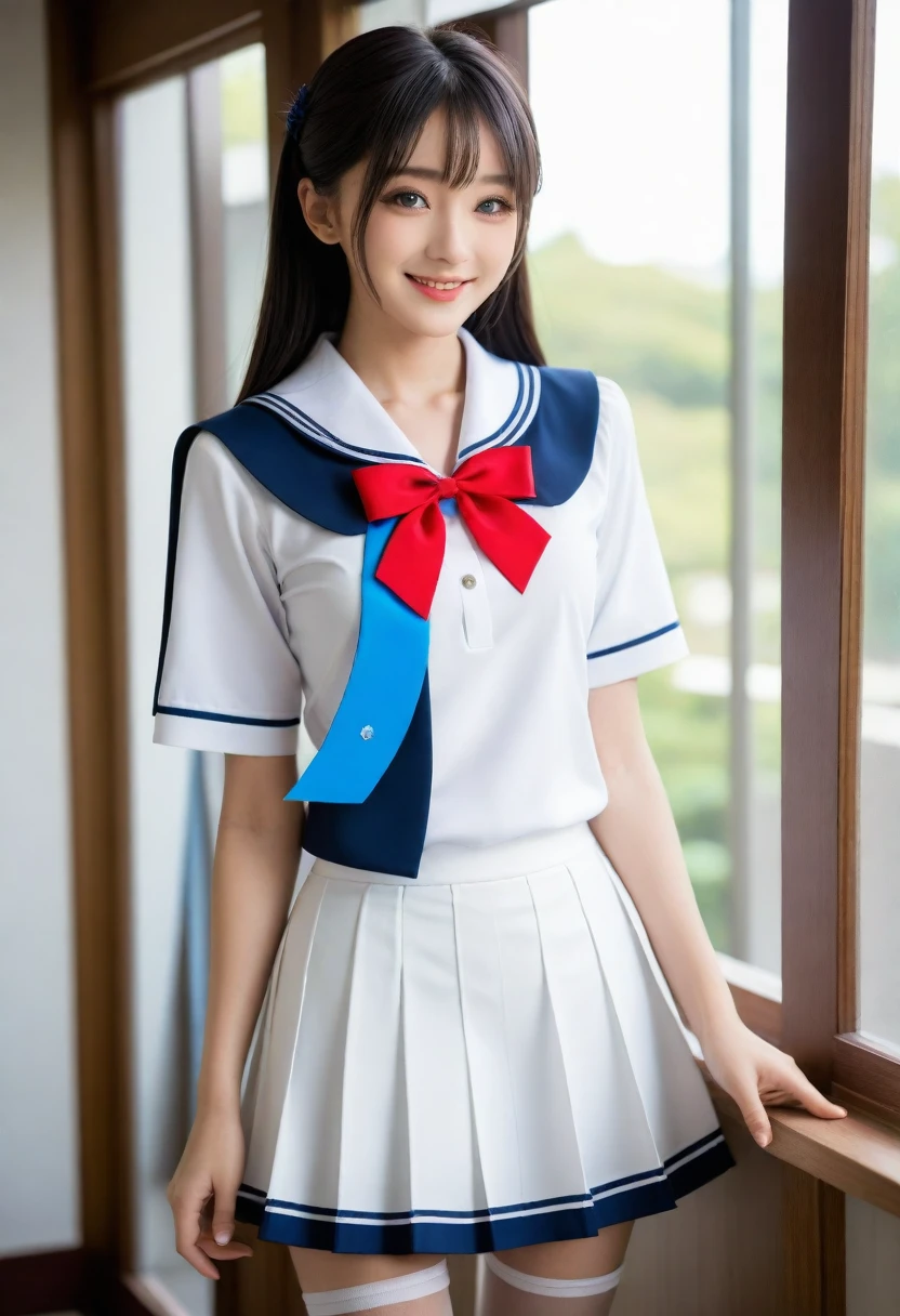 8K, Ultra-high resolution, Highest quality, masterpiece, 三分割法によるphotograph,Surreal, photograph, 1 girl, (16 years old:1.3), pretty girl, Cute face, Beautiful eyes in every detail, 細かくdetailedに,masterpiece,, One Girl:1.2, Japan Female Announcer,whole body、Black Hair、well-groomed eyebrows、Cute Lip Makeup、Calm atmosphere、A short-sleeved shiny dark sailor suit、White sailor collar、Navy blue pleated skirt、Red ribbon、White Stockings、Standing by the window of a classroom、Cute gestures、so beautiful,A carefree smile,Healing the heart,(twin braids),Looking at the audience、beauty,Long neck、Laugh a little、Please close your mouth and laugh、(((Ideal body type))),A-cup small breasts :2,、Portraiture:2、Perfect Anatomy、鮮明なdetailed、detailed、Surreal、Light and shadow,Strong light