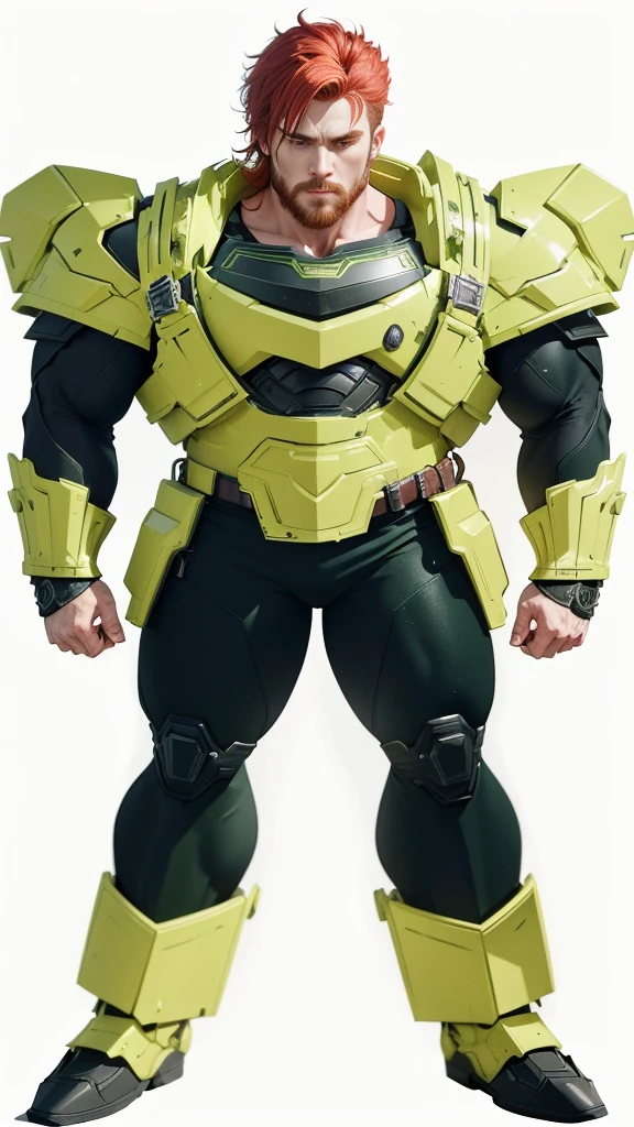 a  strong man wearing green and black armor with a prominent chest plate and shoulder guards. The character has red hair styled up and is standing with his hands at his sides. The armor is detailed with green and black coloring, and there is a symbol on the chest that resembles a stylized "R" with a red background..realistic,ultra detailed,4K resolution highlights, Sharp focus, octane render, ray tracing, Ultra-High-Definition, 8k, UHD, HDR, (Masterpiece:1.5), (best quality:1.5)