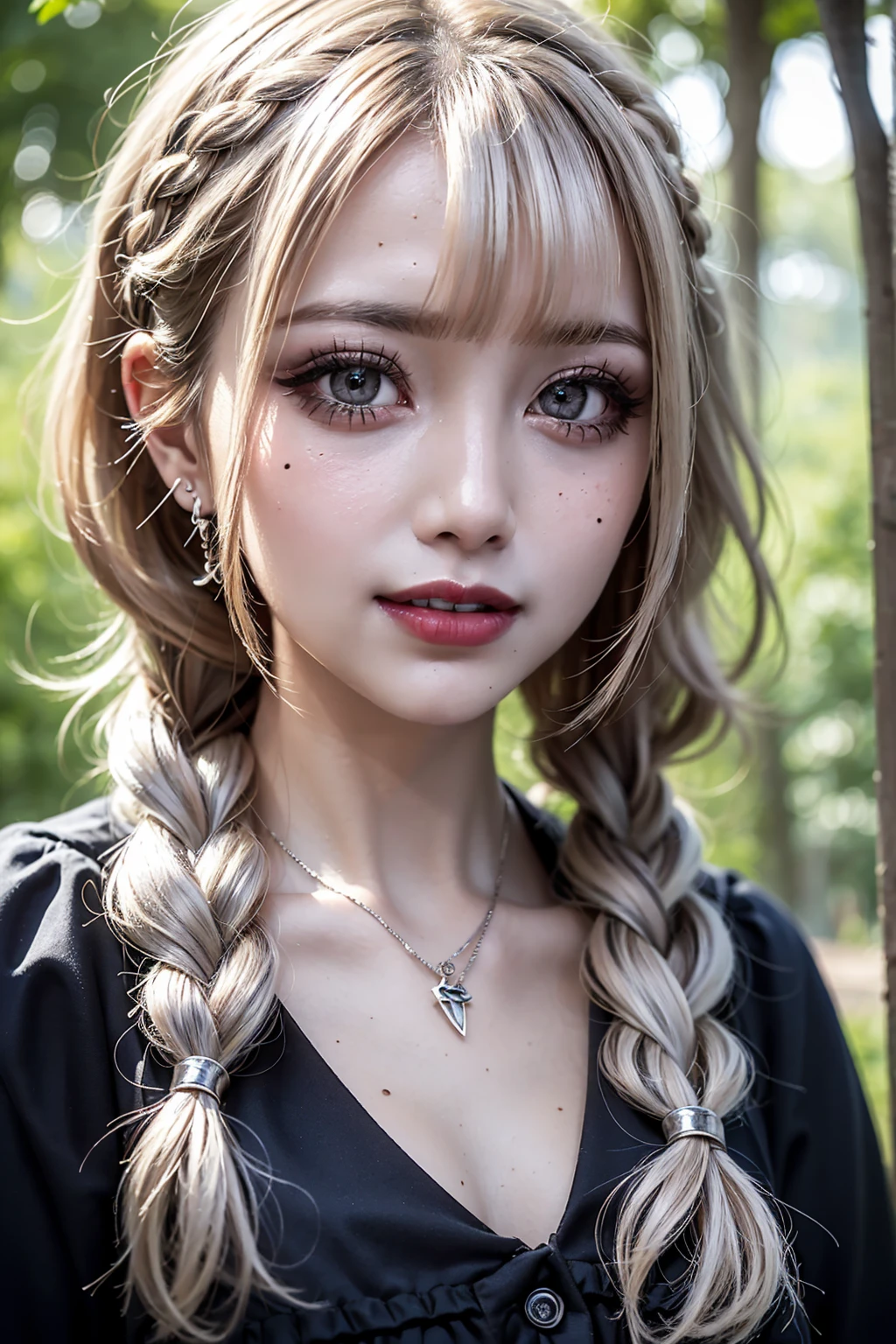 Realistic, masterpiece, Highest quality, Highest Resolution, High Detail, Soft Light, Professional Lighting, Backlight, Film Grain, The background is blurred, Japanese , (The subject was photographed from below, The subject does not look at the camera:1.3), 16 years old, Upper body photo, Looks sleepy, inattention, Grinning, Open your mouth, Beautiful and detailed eye drawing, (Droopy eyes:1.3), Dark Eyes, Thin eyebrows, Draw eyelashes carefully, Eyelash extensions, Gal Makeup, Orange Cheek,  (White brown wavy hair, Short Hair, Braid, middle part:1.3), (Hidden eyelid wrinkles:1.3), (Gothic summer , Silver Accessories:1.3), (Summer forest:1.3)
