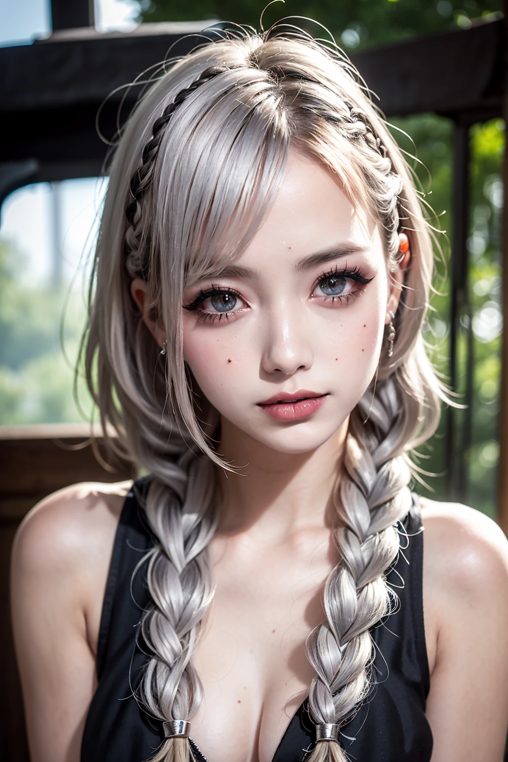 Realistic, masterpiece, Highest quality, Highest Resolution, High Detail, Soft Light, Professional Lighting, Backlight, Film Grain, The background is blurred, Japanese , (The subject was photographed from below, The subject does not look at the camera:1.3), , Upper body photo, Looks sleepy, inattention, Grinning, Open your mouth, Beautiful and detailed eye drawing, (Droopy eyes:1.3), Dark Eyes, Thin eyebrows, Draw eyelashes carefully, Eyelash extensions, Gal Makeup, Orange Cheek, (White brown wavy hair, Short Hair, Braid, middle part:1.3), (Hidden eyelid wrinkles:1.3), (Gothic summer , Silver Accessories:1.3), (Summer forest:1.3)