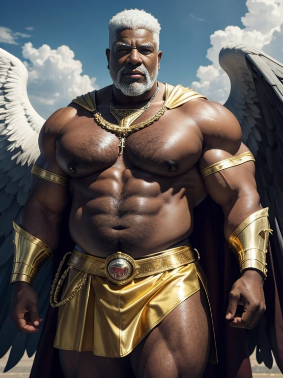 Hyperrealistic image of an old man over 79 years old African American superhero angel with two black wings spread out holy imperial martyr warrior with gray hair and a halo of light with rays on his head super heavy and very fat very handsome bodybuilder with huge flaccid pecs and very nipples big pointy very sweaty in a sky of very white clouds wearing only a leather and gold Roman skirt and a cape