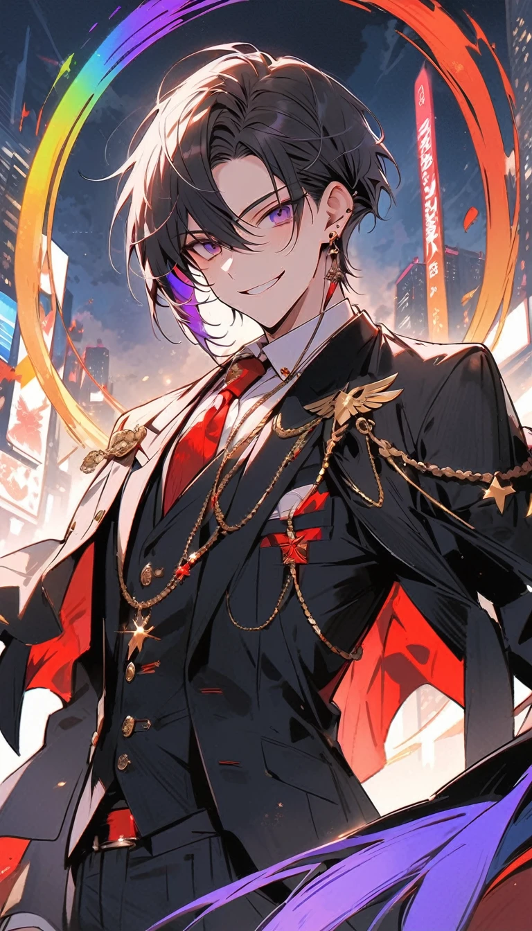 good looking, alone, 1 male, short hair, Smile Facial,1. Boy with black and purple hair, Moderate height, Slim body, Long coat, Black lining,good looking, short hair, Black Hair, Rainbow Hair, Purple eyes, 先端がスモーキーグレーのBlack Hair, smoking, Black light,smile、, Bright, sharp eyes illuminate the scene,uniform,Fewer accessories,whole body,Background white,(masterpiece, Highest quality), Yishang_edge, Default_Costume, One boy, alone, Red tie, Black jacket, Black vest, Jacket on shoulders, White shirt, Collared shirt, Black trousers, View your viewers, city, night, knife,紫色に光るknife身,View your viewers, city, night, From below