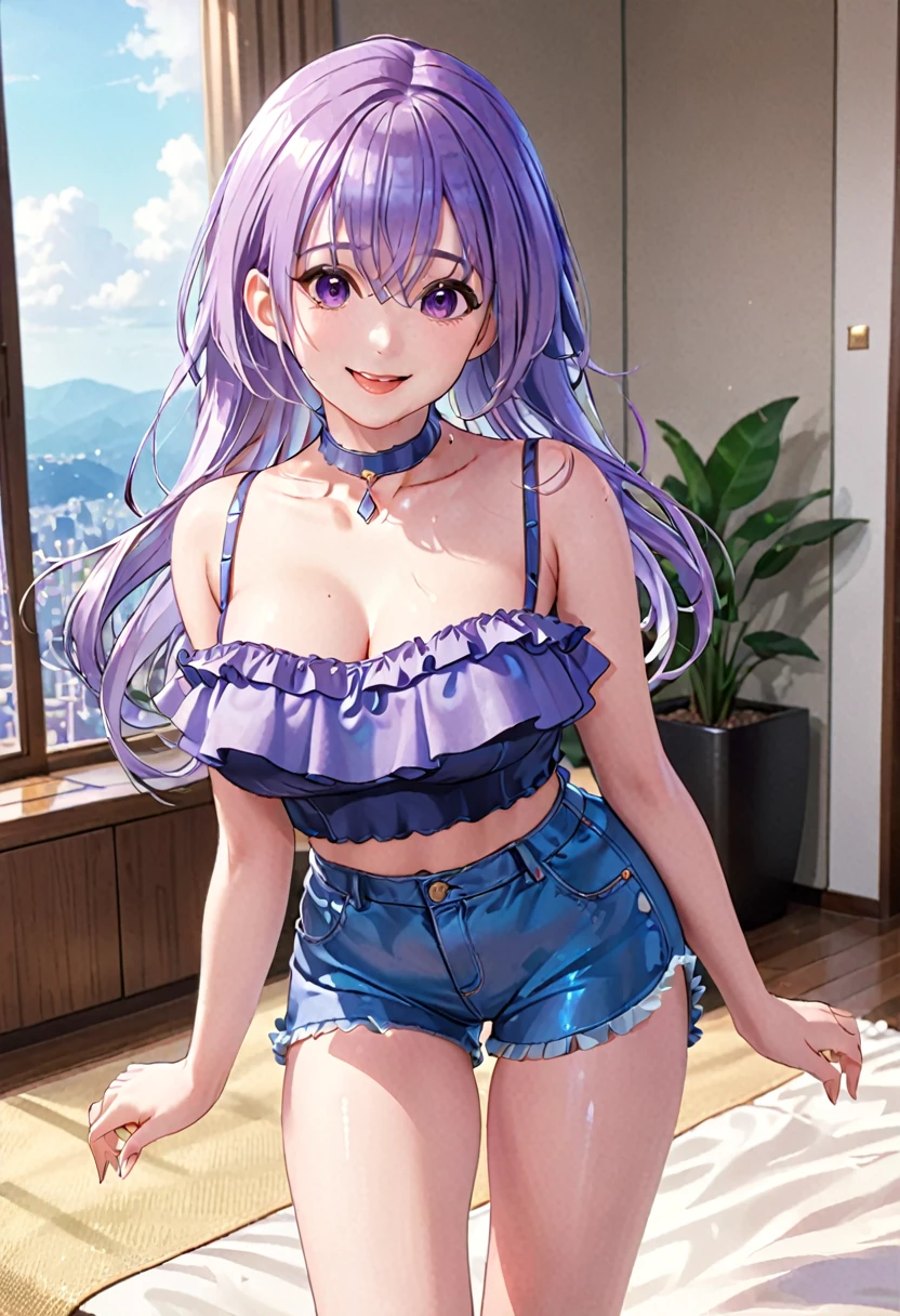 (detailed skin:1.2), (shiny skin:1.4), 8k, best quality, masterpiece, (soft saturation:1.3), (fair skin:1.2), BREAK, 1girl, makeup, large breasts, BREAK, hana suzuki, purple hair, purple eyes, long hair, BREAK, frilled camisole, denim shorts, bare legs, heeled sandals, choker, room, BREAK, smile, open mouth, standing