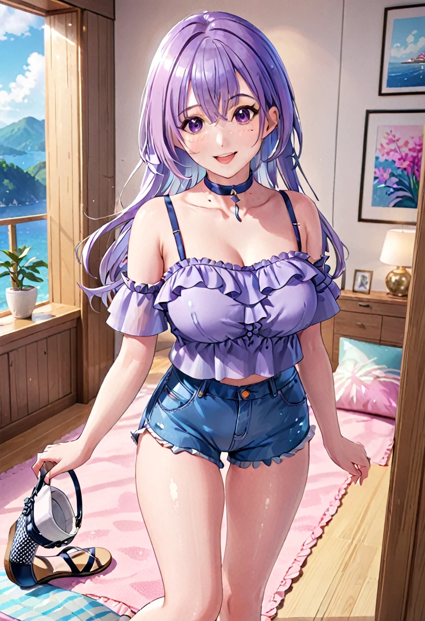 (detailed skin:1.2), (shiny skin:1.4), 8k, best quality, masterpiece, (soft saturation:1.3), (fair skin:1.2), BREAK, 1girl, makeup, large breasts, BREAK, hana suzuki, purple hair, purple eyes, long hair, BREAK, frilled camisole, denim shorts, bare legs, heeled sandals, choker, room, BREAK, smile, open mouth, standing